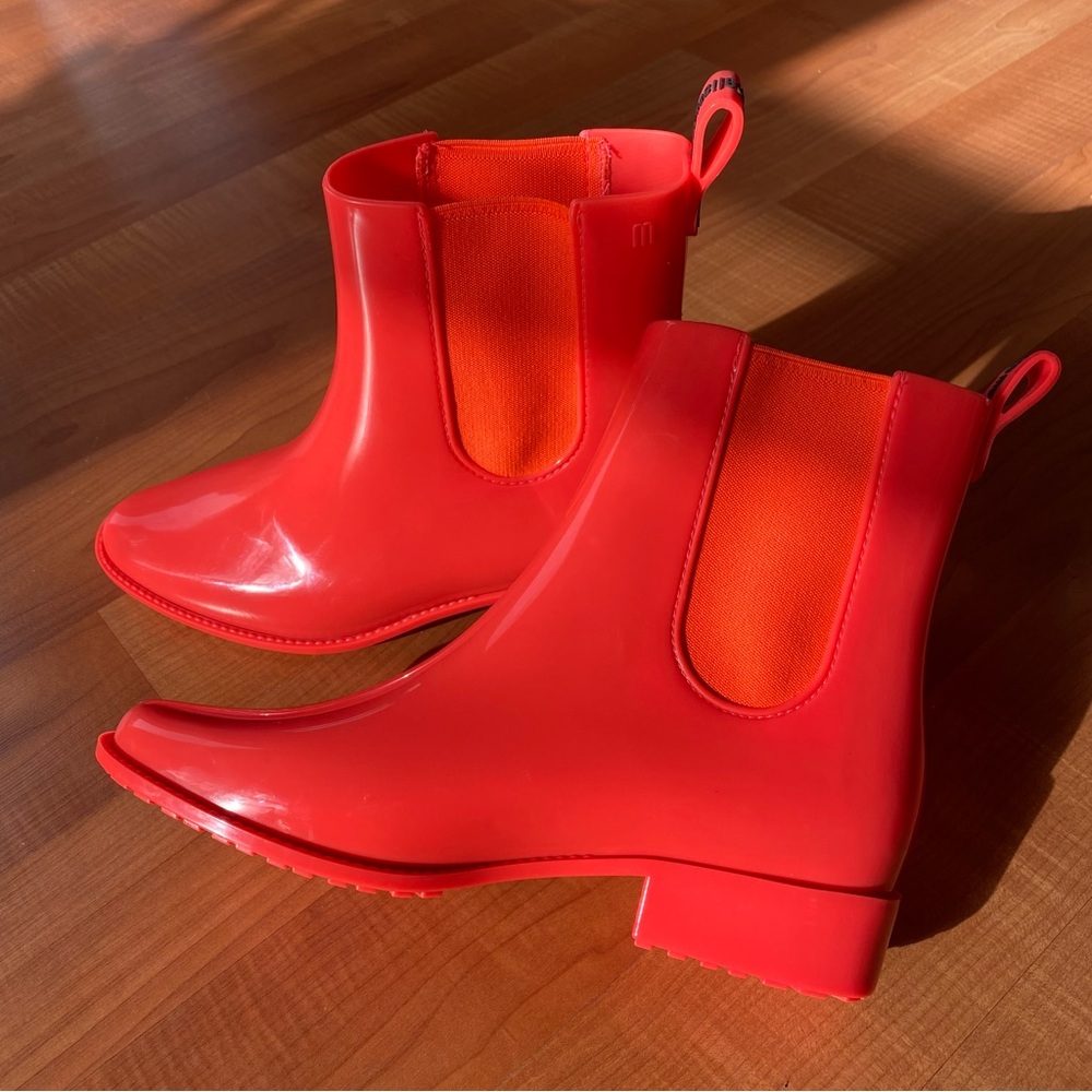 Melissa Red Ankle Boots with Glossy Finish and Slip-On Design